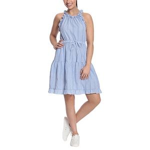 London Times Women White and Blue Striped Sun Dress
